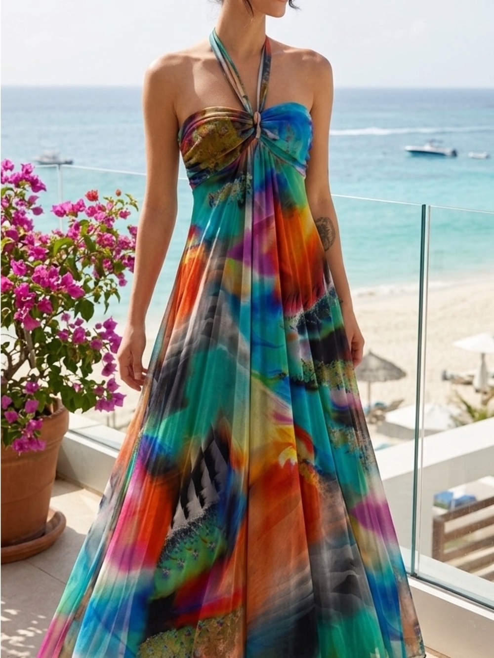 Elana Kattan Multicolor Mesh Maxi Dress Large